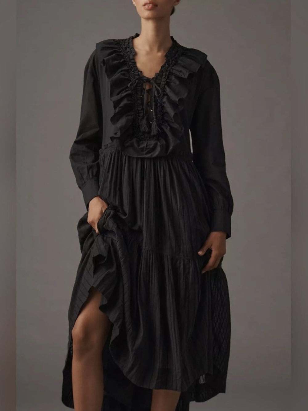 PILCRO Anthropologie Black Ruffle  Long Sleeve Midi Dress